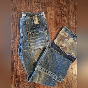 Express Y2K Denim and Camo Jeans Vintage Flower Design size 6